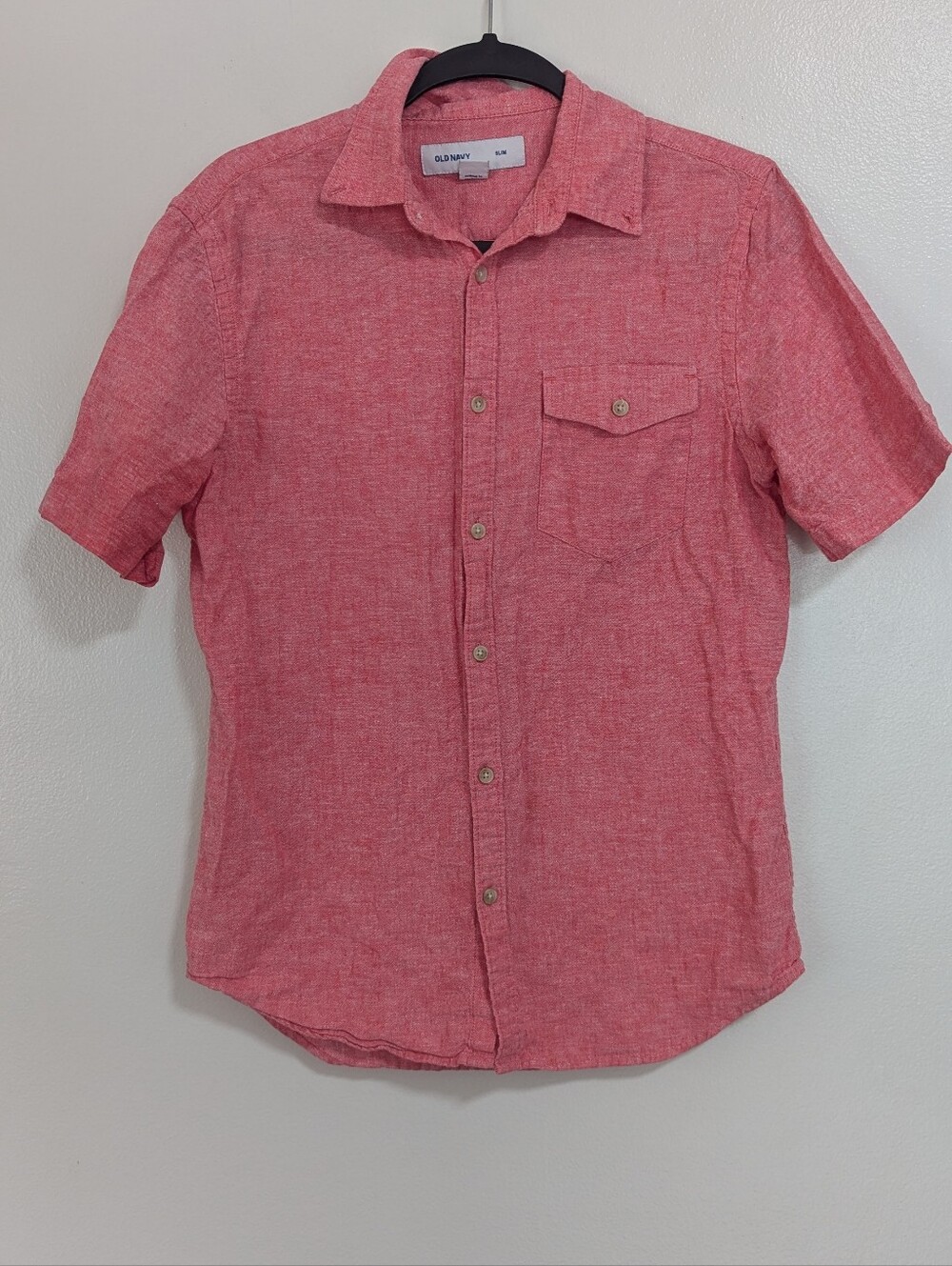 Old Navy Men's Size Small Slim Fit Salmon Linen Blend Short Sleeve Button Down